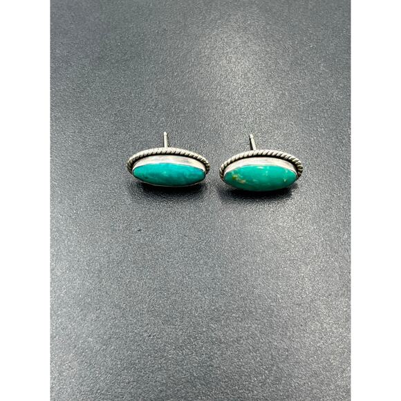 Signed Sterling Silver Turquoise Oval Rope Bezel Post Stud Earrings 17mm - Picture 9 of 14